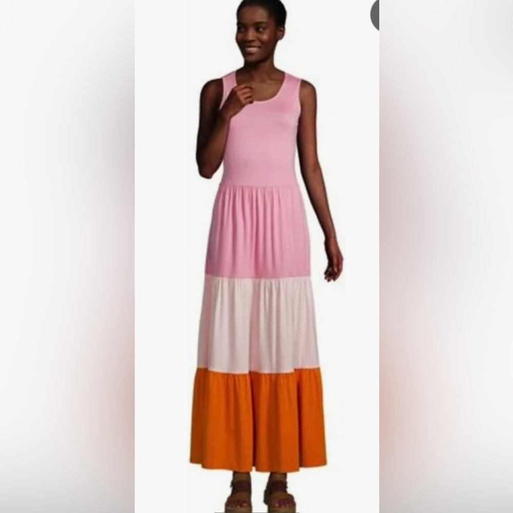Land’s End soft Tencel sleeveless scoop neck tiered skirt colorblock maxi dress